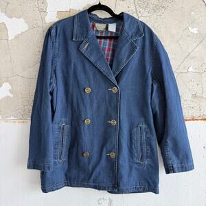 Vtg 90s Denim Blazer Plaid Lined Jacket Nautical Buttons Liz Claiborne Womens L
